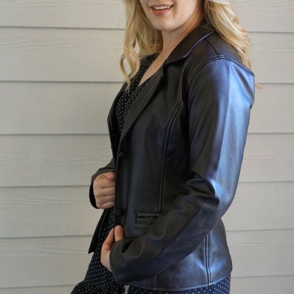 A G Milano 90's Y2K Button Front Italian Faux Leather Brown Blazer Jacket Sz M - Picture 16 of 16